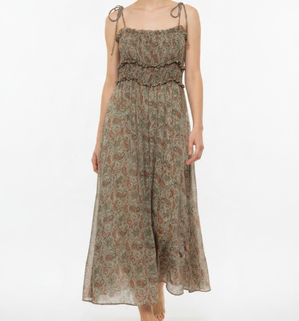 DRESS FORUM Women's L Maxi Dress Brown Paisley Chiffon Sleeveless Square Neck
